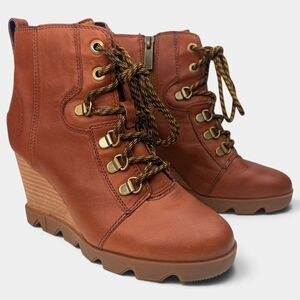 Sorel Joan Uptown Lace Hazelnut Leather Wedge Boots Women's 6.5